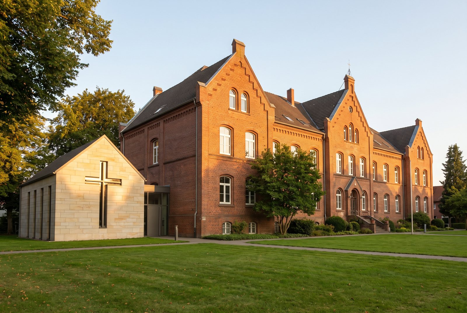 Roter Backsteinbau mit kleiner Kapelle und Kreuzfenster im Abendlicht