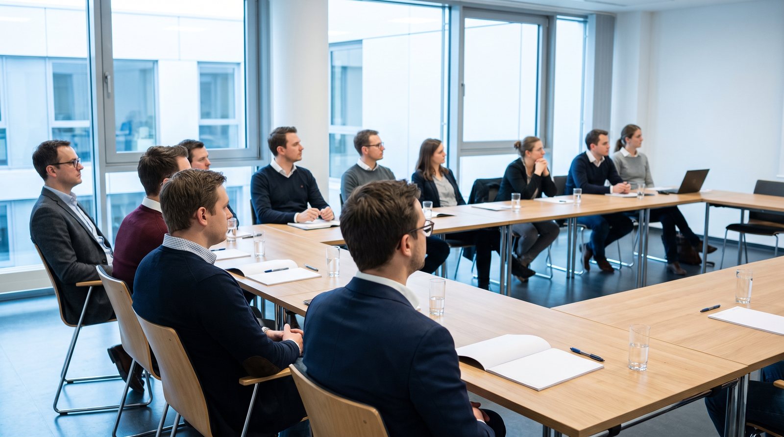 Teilnehmende eines Seminars sitzen an Tischen in U-Form in einem hellen Seminarraum
